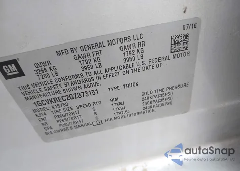 2016 Chevrolet Silverado 1500 1Lt z USA, uszkodzony, nr VIN 1GCVKREC2GZ373151